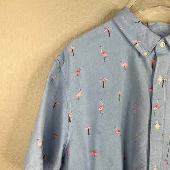 American Eagle Mens Button Down Shirt Size XL Blue Flamingo‎ Short Sleeve Oxford - Picture 2 of 12
